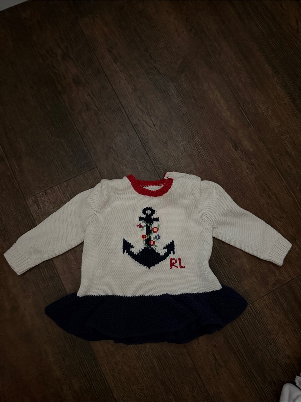 Polo by Ralph Lauren White Knit Dress with Navy Anchor and Red Trim
